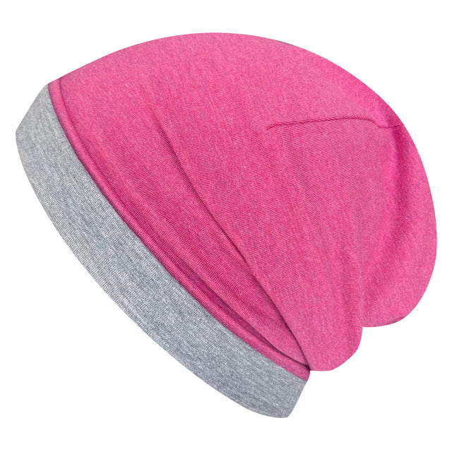 Wollhuhn Öko Long Beanie: Zweilagige, wendbare Mütze in Pink und Grau, aus weichem Öko-Jersey, ideal für Kinder, handgefertigt in Deutschland.