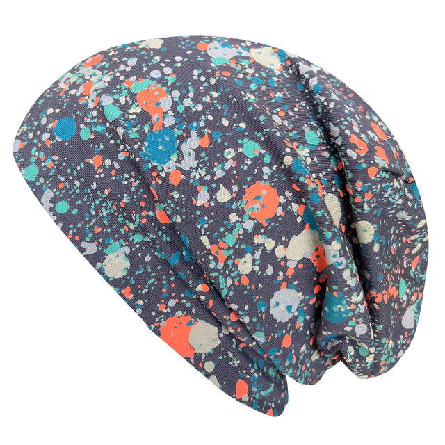 Wollhuhn Öko Long Beanie/Wendemütze, zweilagig, mit buntem Muster, ideal für ganzjähriges Tragen. Handgefertigt aus weichem, dehnbarem Öko-Jersey, für Kinder und Jugendliche.