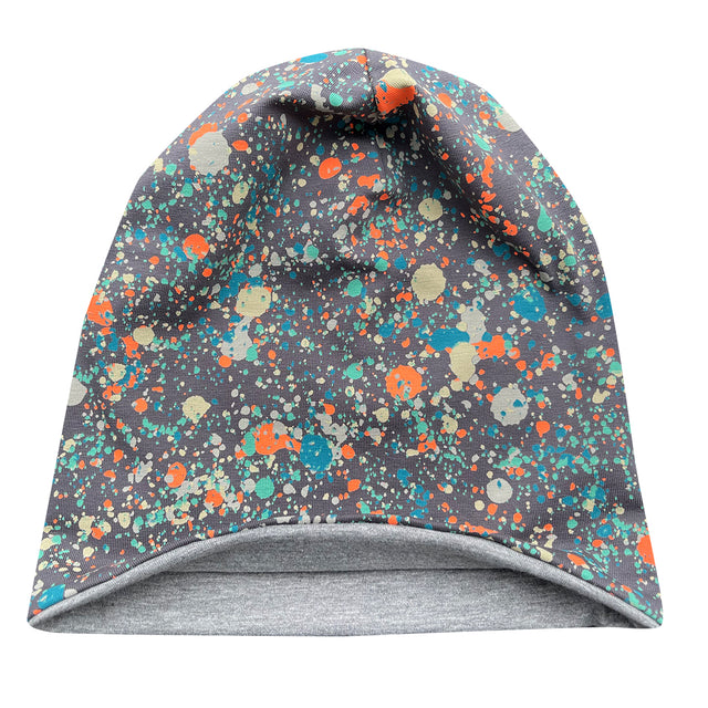 Wollhuhn Öko Long Beanie / Wendemütze, ganzjährig tragbar, zweilagig, mit farbigen Sprenkeln auf grauem Hintergrund, handgefertigt aus weichem Baumwolljersey, ideal für Kinder.