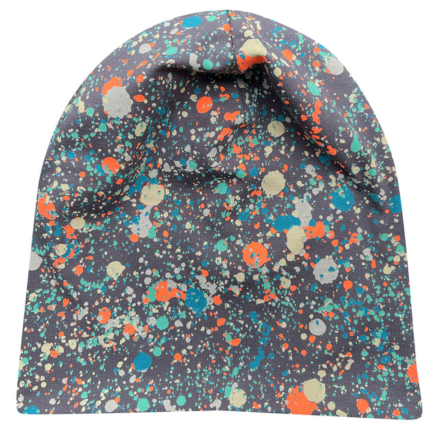 Wollhuhn Öko Long Beanie, eine zweilagige Wendemütze mit Splatter-Design in Oliv/Orange, aus weichem Baumwolljersey, handgefertigt für ganzjährigen Tragekomfort.