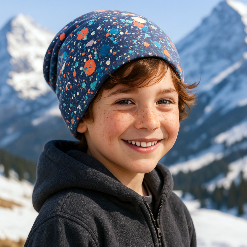 Junger Junge trägt Wollhuhn Öko Long Beanie, Wendemütze, zweilagig, mit Splatter-Muster, in winterlicher Berglandschaft. Perfekt für kalte Tage, bequem und wendbar.