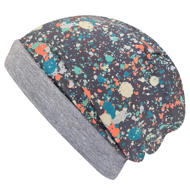 Wollhuhn Öko Long Beanie / Wendemütze mit Splatter-Muster, weich und dehnbar, zweilagig aus Baumwolljersey, ideal für Kinder, handgefertigt in Deutschland.