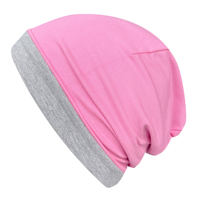 Wollhuhn Öko Long Beanie, zweilagig, wendbar, aus weichem Baumwolljersey, pink mit grauem Futter, komfortabel und formbeständig, ideal für Kinder und Jugendliche.