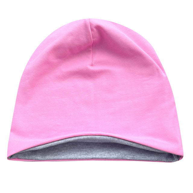Wollhuhn Öko Long Beanie / Wendemütze in Rosa und Grau, zweilagig, weich, formbeständig. Perfekt für Kinder, bietet Komfort und Wärme, ideal für ganzjähriges Tragen.