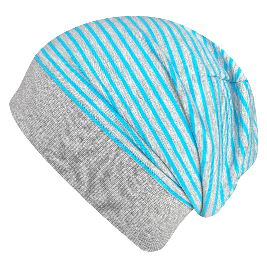 Wollhuhn Dünne Öko Beanie-Mütze Sommer/Übergang, handgemachte, graue und blaue Streifenmütze aus dehnbarem Öko-Jersey mit elastischem Bündchen für Kinder.