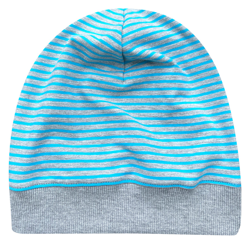 Wollhuhn Dünne Öko Beanie-Mütze Sommer/Übergang Einlagig Streifen Türkisblau/Grau, gestrickt, elastisch, ideal für Kinder, handgefertigt in Deutschland. Perfekt für Übergangszeiten.