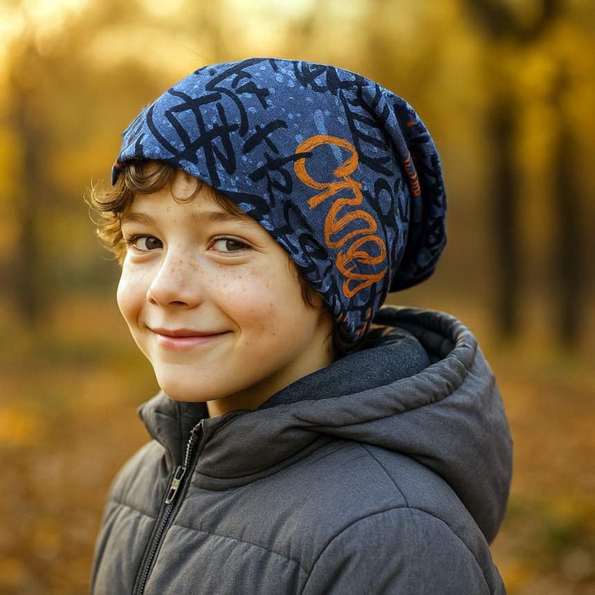Ein Kind trägt die Wollhuhn Öko Long Beanie, Wendemütze, zweilagig, skater grau/orange, ideal für kühleres Wetter, angenehm locker sitzend und warmhaltend.