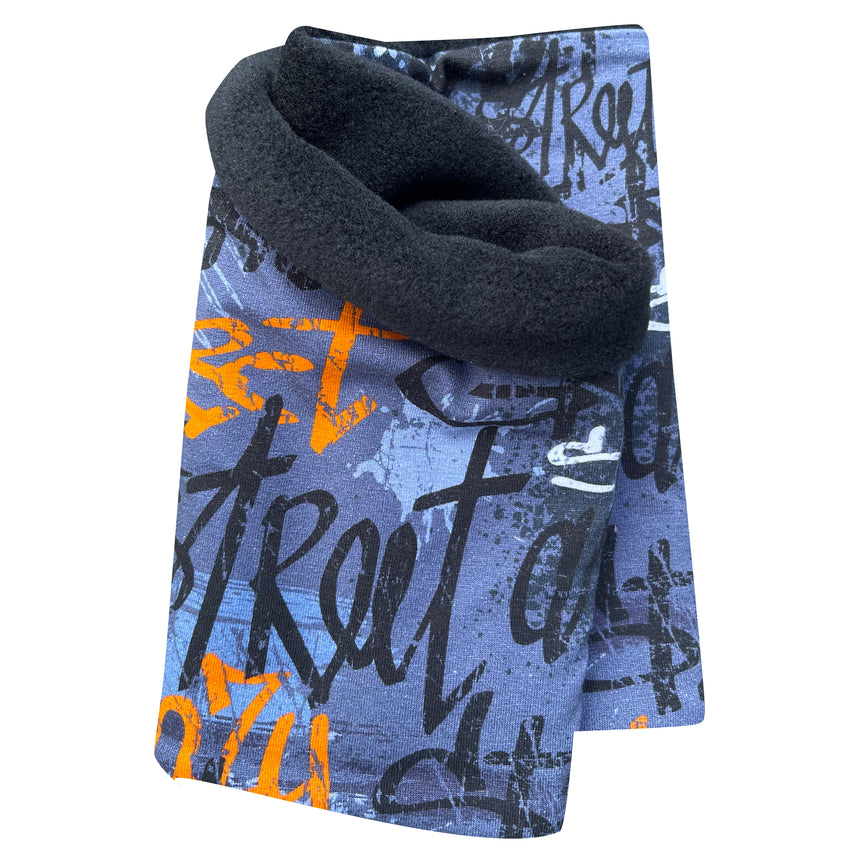 Wollhuhn Halstuch / Schlupfschal / Loop WARM, innen Fleece, zeigt eine detailreiche Ansicht des skatergrau-orangenen, handgefertigten Loops mit weichem Fleecefutter für optimalen Komfort.