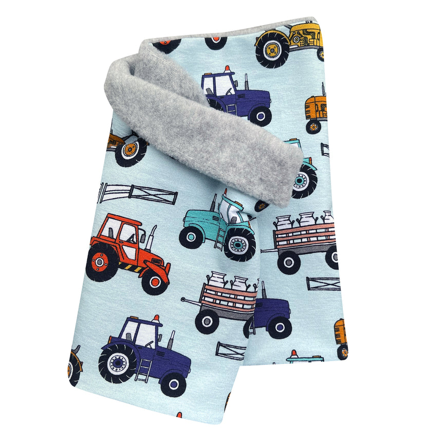 Wollhuhn Halstuch/Schlupfschal/Loop WARM, Innen Fleece, mit Traktor-Muster, handgemacht, weich und wendbar, ideal für Kinder und Erwachsene, hergestellt in Deutschland.