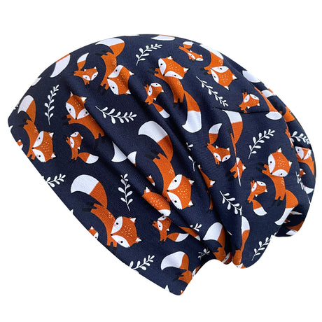 Wollhuhn Öko Long Beanie/Wendemütze: Navy-Blaue Mütze mit orange-weißen Füchsen, zweilagig, handgemacht aus Öko-Jersey, lässiger slouchy Look, ideal für Übergangszeiten.