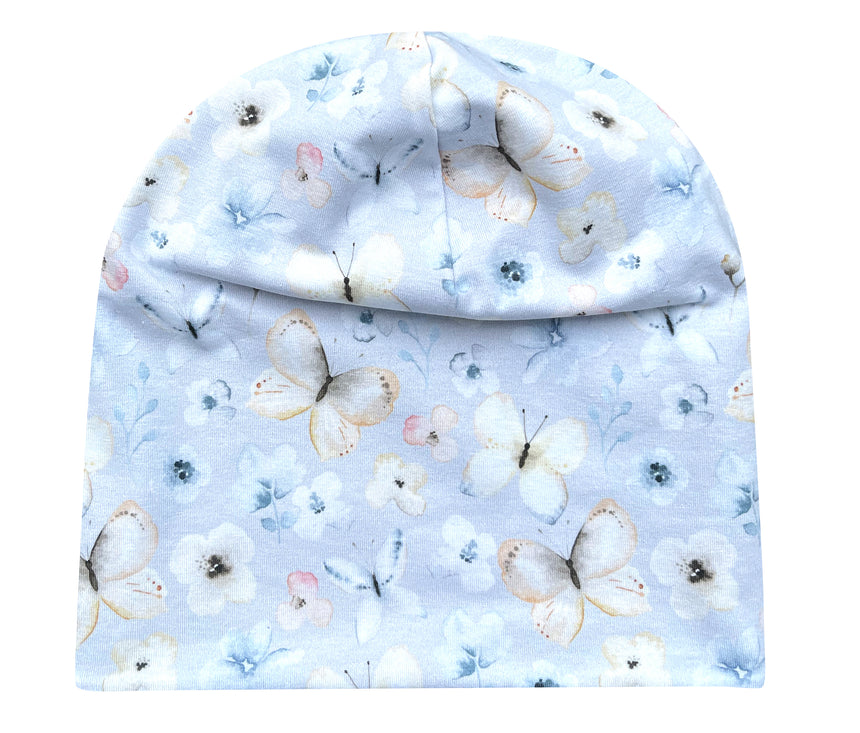 Wollhuhn Öko Long Beanie mit Schmetterlingsmotiv, zweilagig aus weichem Baumwolljersey. Ideal für Kinder, wendbar, formbeständig, für ganzjährigen Gebrauch.