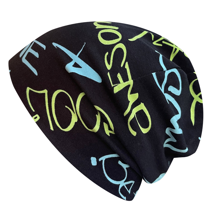 Wollhuhn Öko Shorties / Wendemütze: Schwarze Beanie mit gelbem und blauem Schriftzug, aus weichem Baumwolljersey, wendbar und komfortabel für Kinder und Jugendliche.