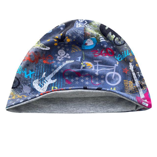 Wollhuhn Öko Shorties / Wendemütze, Jeansblau, zeigt ein handgemachtes, zweilagiges Beanie mit Muster, ideal für aktive Kinder, stilvoll und komfortabel.