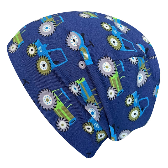Wollhuhn Öko Shorties: Zweilagige, handgemachte Wendemütze mit Traktor-Motiv in Dunkelblau, ideal für Kinder, bequem und mitwachsend.