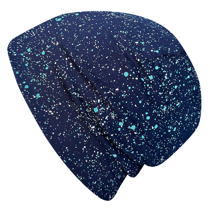 Wollhuhn Öko Shorties, zweilagige, handgefertigte Wendemütze in Galaxy Blau, ideal für Kinder, mitwachsend, bequem und perfekt für alle Jahreszeiten.