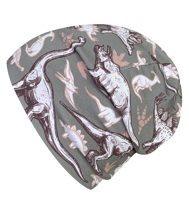 Wollhuhn Öko Shorties: Handgemachte Wendemütze mit Dinosaurier-Muster, zweilagig, ideal für Kinder, mitwachsend, aus weichem Öko-Jersey, perfekter Sitz unter Helmen.