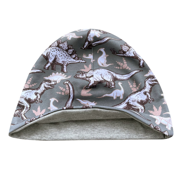 Wollhuhn Öko Shorties Wendemütze, zweilagig, mit Dinosauriermotiv, handgemachte Beanie aus Öko-Jersey, ideal für aktive Kinder und Teenager.