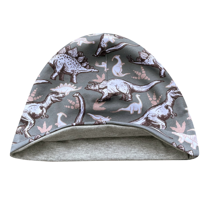 Wollhuhn Öko Shorties Wendemütze, zweilagig, mit Dinosauriermotiv, handgemachte Beanie aus Öko-Jersey, ideal für aktive Kinder und Teenager.