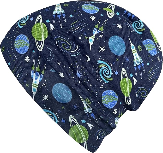 Wollhuhn Öko Shorties: Zweilagige, handgemachte Beanie mit Weltraumdesign, Planeten und Rakete, ideal für Kinder, bequem und wärmend, hergestellt in Deutschland.