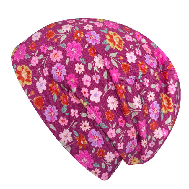 Wollhuhn Öko Shorties Wendemütze: Handgemachte, zweilagige Beanie mit Blumenmuster, ideal für Kinder, aus weichem Öko-Jersey, sorgt für Stil und Komfort.