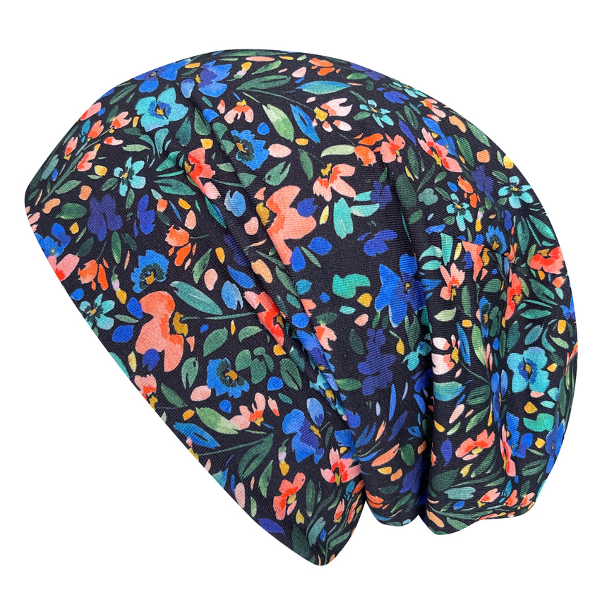 Wollhuhn Öko Long Beanie / Wendemütze, Blumenmuster, zweilagig, weich und dehnbar, ideal für Kinder, mit wendbarem, grauem Futter, handgefertigt in Deutschland.
