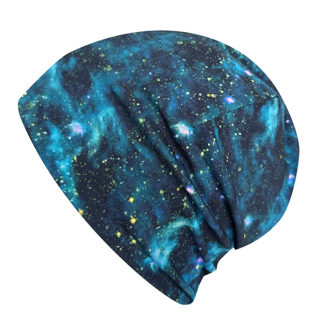 Wollhuhn Öko Shorties Wendemütze: Handgemachte, zweilagige Beanie mit Space-Print, ideal für aktive Kinder. Komfortabel, dehnbar und perfekt für Helmträger.