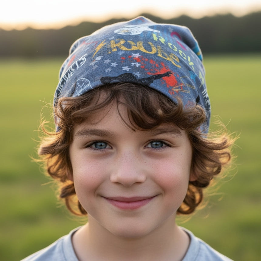 Junger Junge trägt Wollhuhn Öko Shorties Wendemütze, handgemachte, zweilagige Beanie aus Öko-Jersey, ideal für Kinder, mitwachsend und bequem.