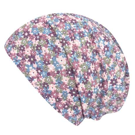 Wollhuhn Öko Long Beanie, zweilagig, Blümchen Dark Pastell: Weiche, wendbare Mütze aus Baumwolljersey, ideal für Kinder. Formbeständig, dehnbar und ganzjährig tragbar.