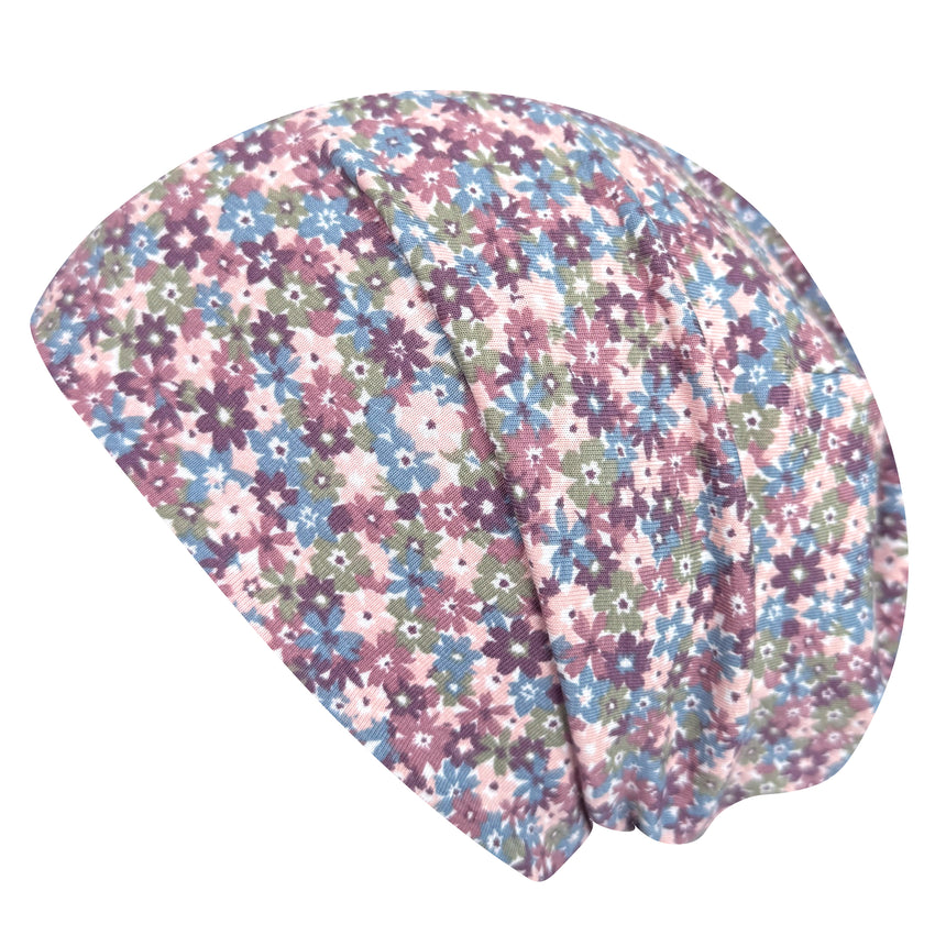 Wollhuhn Öko Long Beanie, zweilagig, Blümchen Dark Pastell: Weiche, wendbare Mütze aus Baumwolljersey, ideal für Kinder. Formbeständig, dehnbar und ganzjährig tragbar.