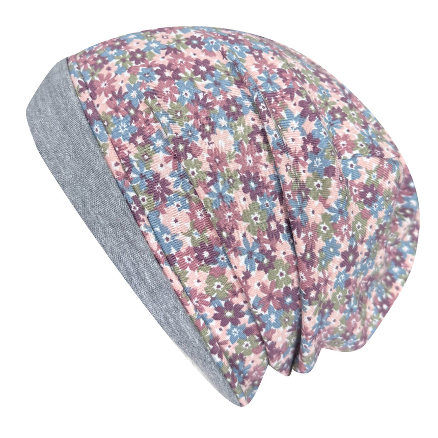 Wollhuhn Öko Long Beanie, Wendemütze aus weichem Baumwolljersey, zweilagig mit Blumenmuster in Pastelltönen, gefüttert mit grauem Jersey, für ganzjähriges Tragen.