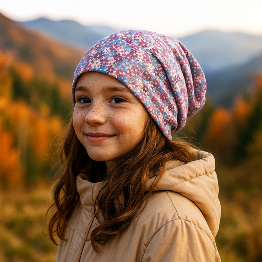 Wollhuhn Öko Long Beanie / Wendemütze, Ganzjährig, Zweilagig, Blümchen Dark Pastell