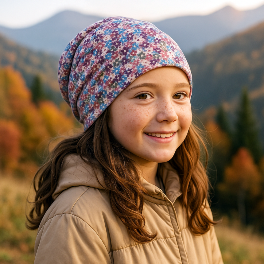 Wollhuhn Öko Long Beanie / Wendemütze, Ganzjährig, Zweilagig, Blümchen Dark Pastell