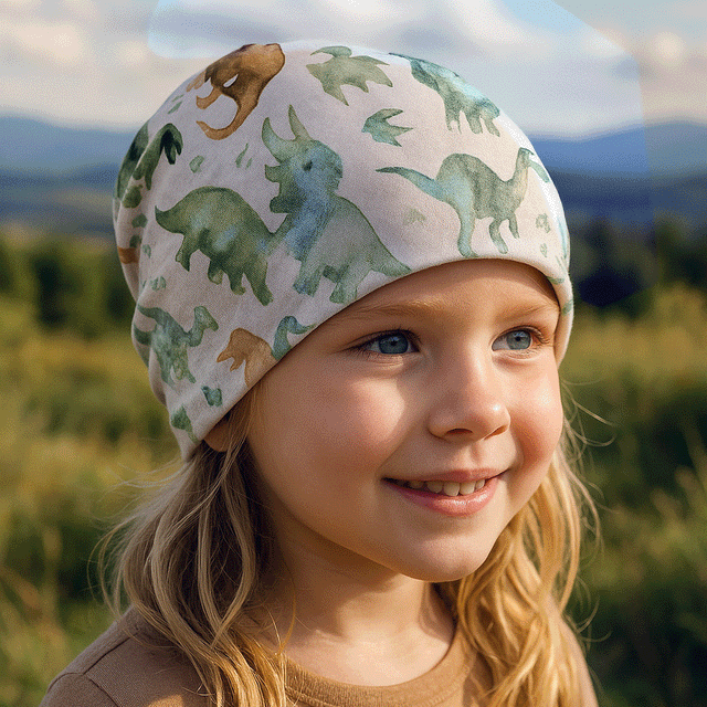 Mädchen trägt Wollhuhn Öko Long Beanie, Wendemütze aus weichem Baumwolljersey, zweilagig, ideal für Kinder, hält Ohren warm, handgefertigt in Deutschland.