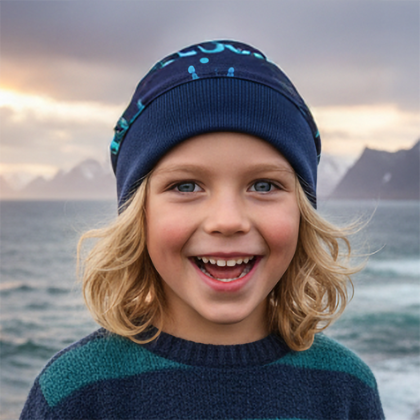 Kind lächelt in Wollhuhn Dünne Öko Beanie-Mütze Sommer/Übergang Einlagig Cool Music Blau, sitzt bequem, ideal für aktive Kinder und kühle Tage.