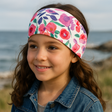 Mädchen mit Wollhuhn Elastisches Öko Stirnband, Jersey zweilagig, breit; ideal für Sport und Alltag, handgemacht aus Bio-Baumwolle.