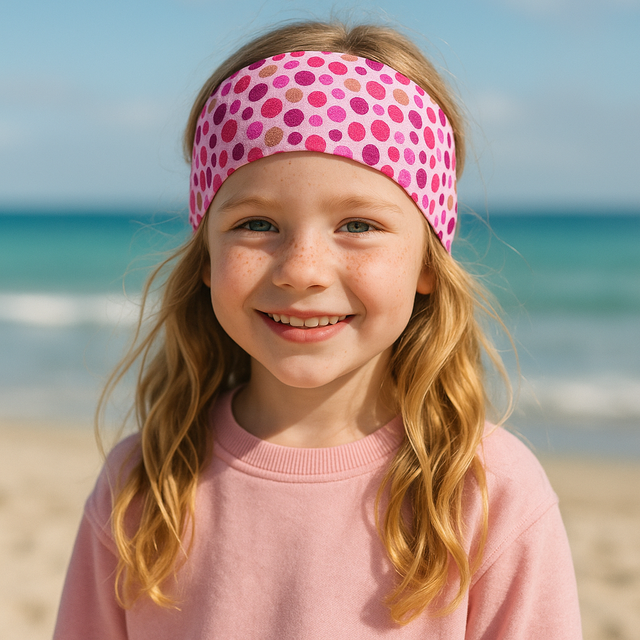Mädchen mit rosa Wollhuhn Elastisches Öko Stirnband, lächelt in die Kamera. Handgefertigt aus Bio-Baumwolle, ideal für Outdoor-Aktivitäten und als modisches Accessoire.