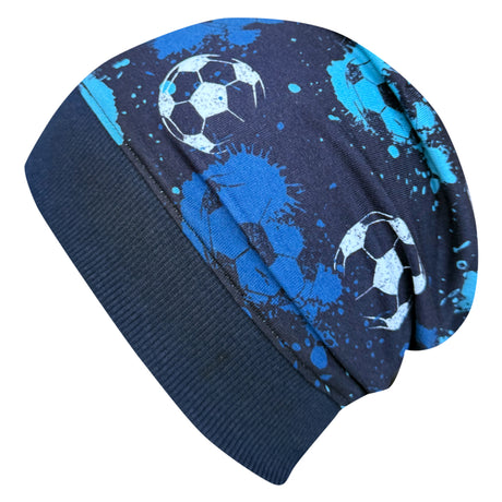 Wollhuhn Dünne Öko Beanie-Mütze: Dunkelblauer Strick mit Fußballmotiven, entspannter Sitz, aus weichem Öko-Jersey, ideal für Übergangszeiten. Handgefertigt in Deutschland.
