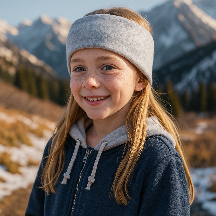 Mädchen trägt Wollhuhn Elastisches Öko Stirnband aus hellgrauem, zweilagigem Fleece. Ideal für kaltes Wetter, schützt Ohren und bietet angenehmen Tragekomfort.