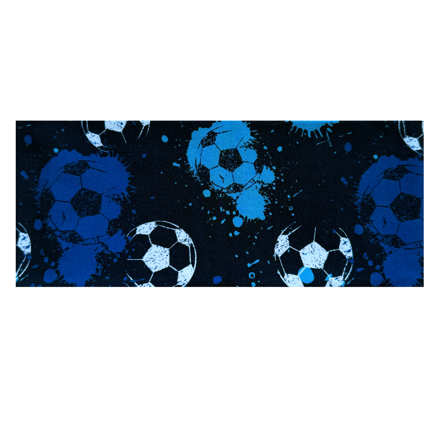 Wollhuhn Elastisches Öko Stirnband: Handgefertigtes Jersey-Stirnband mit blauem Fußballmuster, zweilagig, weich und dehnbar, ideal für Sport und Outdoor-Aktivitäten.