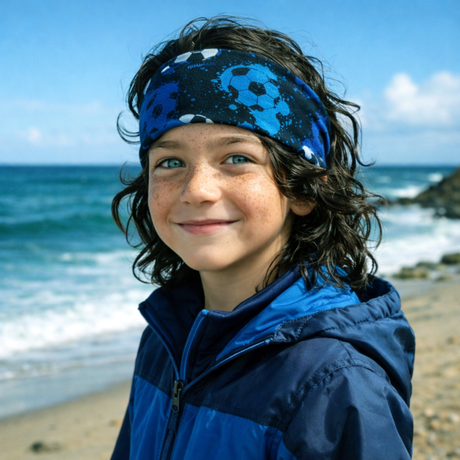 Junger Junge am Strand trägt Wollhuhn Elastisches Öko Stirnband, zweilagig, mit Fußballmuster in Blautönen. Perfekt für Freizeit und sportliche Aktivitäten.