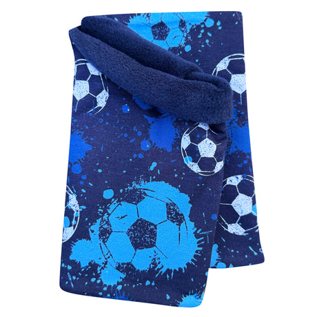 Wollhuhn Halstuch / Schlupfschal / Loop WARM aus blauem Fleece, mit Fußballmotiven und Spritzmustern. Handgefertigt, kuschelig und wendbar, ideal für kalte Tage.