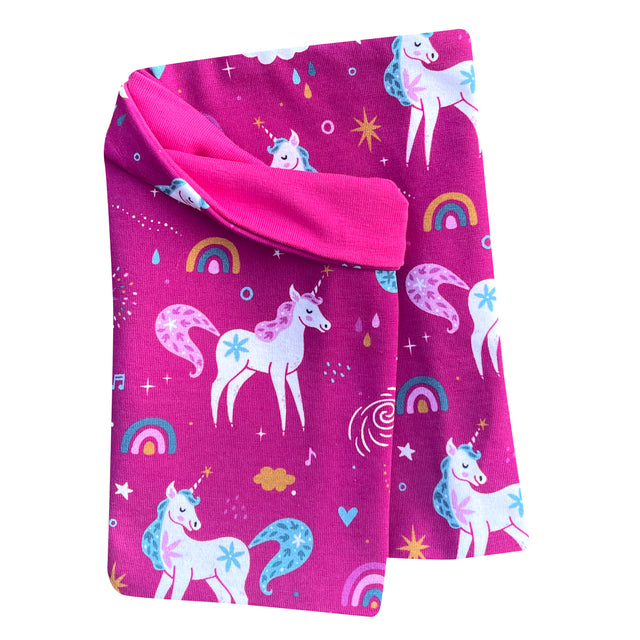 Wollhuhn Leichtes Lockeres Öko Jersey Halstuch mit Einhörnern und Regenbögen, handgemacht, weich und wendbar, ideal für Kinder im Frühling und Sommer.