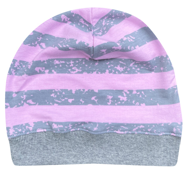 Wollhuhn Dünne Öko Beanie-Mütze: Handgemachte, dehnbare Beanie mit grauen und rosa Streifen, ideal für Übergangszeit, aus sanftem Öko-Jersey, perfekt für Kinder.