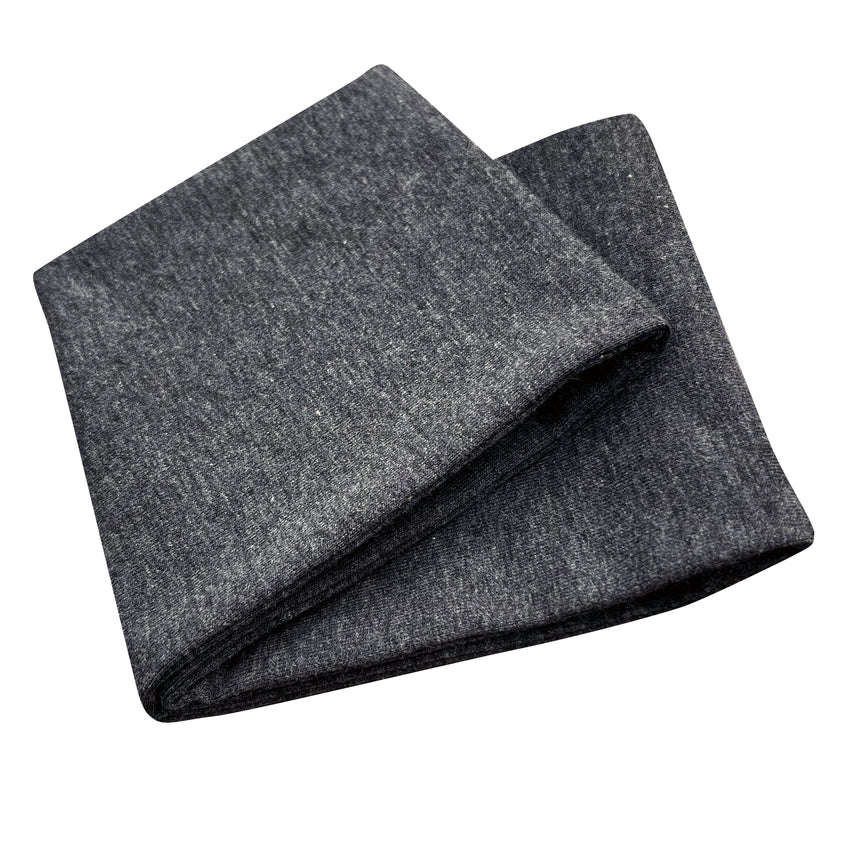 Wollhuhn Elastisches Öko Stirnband, anthrazit meliert, doppellagig und breit, aus weichem Bio-Jersey, handgefertigt in Deutschland. Ideal für Alltag und Sport.