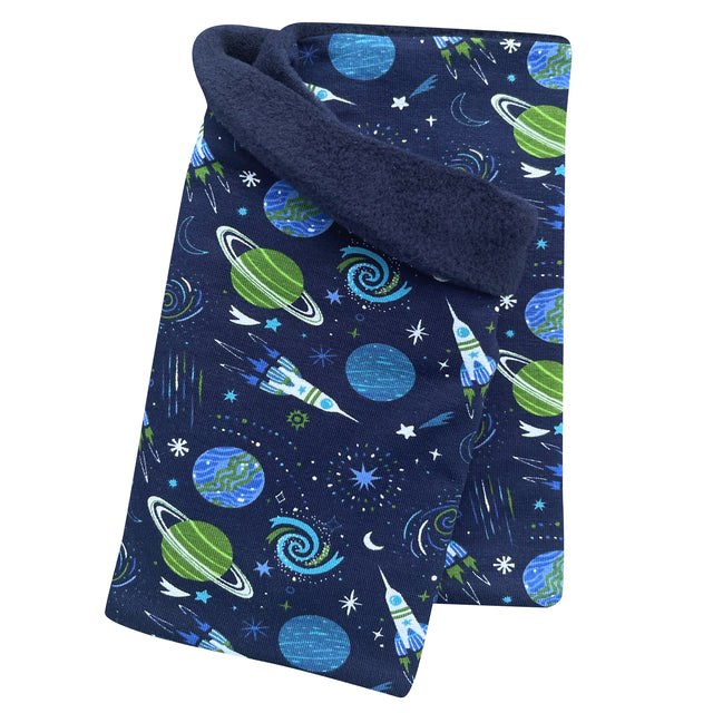 Wollhuhn Halstuch / Schlupfschal / Loop WARM mit Space/Rakete-Motiv, innen mit kuscheligem Fleece gefüttert, ideal für kalte Tage und Übergangszeiten. Handgemacht in Deutschland.