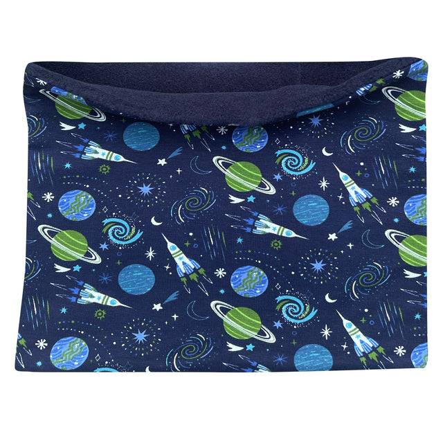 Wollhuhn Halstuch / Schlupfschal WARM mit Fleece-Innenfutter, dunkelblaues Design mit Planeten und Raketenmotiven, handgefertigt für Kinder und Erwachsene, ideal für kalte Tage.