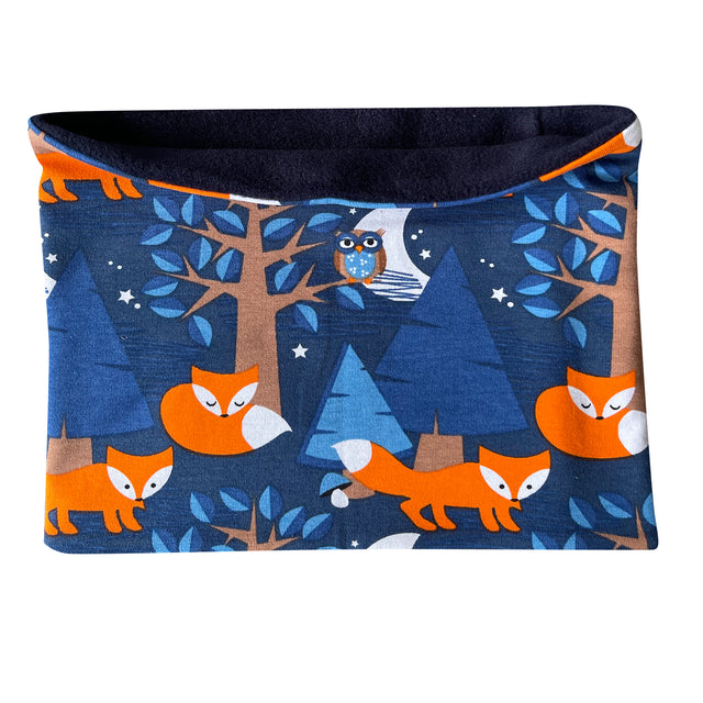Wollhuhn Halstuch / Schlupfschal / Loop WARM mit Fuchs- und Baummuster, kuscheliges Fleecefutter, handgefertigt, ideal für kalte Tage, geeignet für Kinder und Erwachsene.