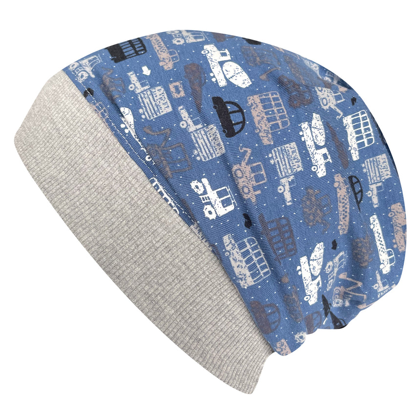 Wollhuhn Dünne Öko Beanie-Mütze mit Baustellenfahrzeugen, handgemacht aus Öko-Jersey, dehnbar und bequem, ideal für Kindergarten und Freizeitaktivitäten.