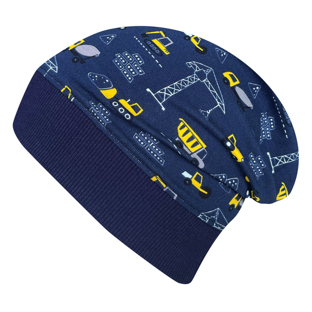 Wollhuhn Dünne Öko Beanie-Mütze: Handgemachte blaue Beanie mit Baustellenmotiven, elastisches Bündchen für Komfort, ideal für Übergangszeiten, aus nachhaltigem Öko-Jersey.