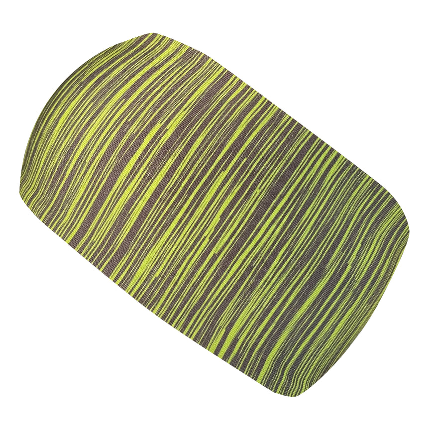 Wollhuhn Elastisches Öko Stirnband: Handgefertigtes, zweilagiges, breites Stirnband aus Bio-Baumwolle, gelb-grün und grau gestreift, ideal für Sport und Freizeit.